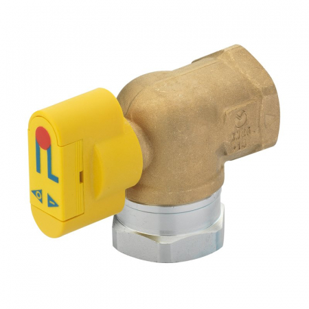 Robineti izolare pentru contoare gaz - Supapa colt izolare contoar gaze, 1” F x 1” F, cu garnitura presiune si maner de siguranta, VGS 00