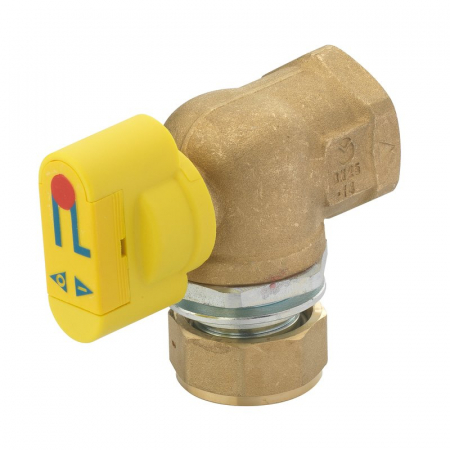 Robineti izolare pentru contoare gaz - Supapa colt izolare contoar gaze, 1” pivotant x 1” F, cu garnitura presiune si maner de siguranta, VGS 10
