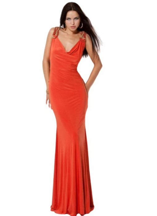 Rochie Jovani 9151 portocalie lunga de seara mulata din jerse [2]