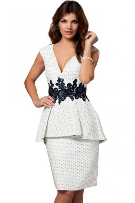 Rochie Jovani 98437 alba cu buline scurta de ocazie mulata din crepe [2]