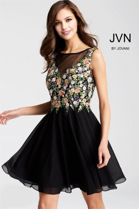 Rochie Jovani JVN54561 neagra scurta de ocazie in clos din voal [2]