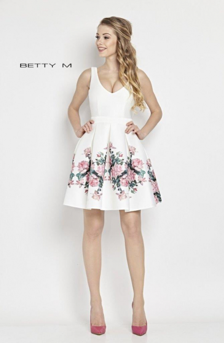Rochie Betty M Happy Roses alba cu flori scurta de vara baby doll din scuba [2]