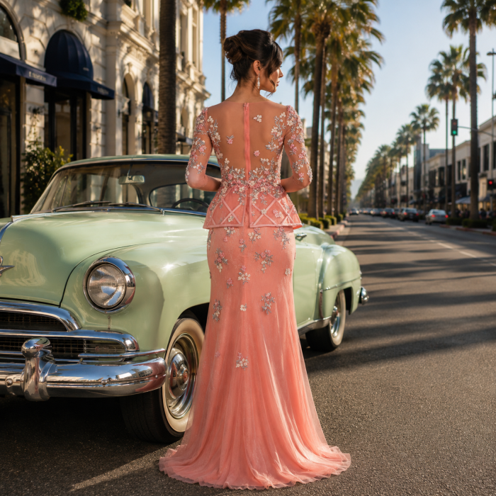 Rochie Andrea Leo Couture 7018 corai lunga de seara in clos din dantela [2]