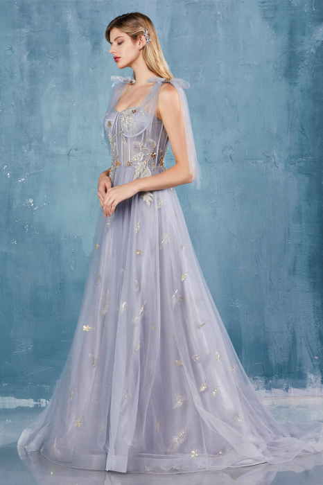 Rochie Andrea Leo Couture A0824 argintie lunga de seara in clos din tulle [8]