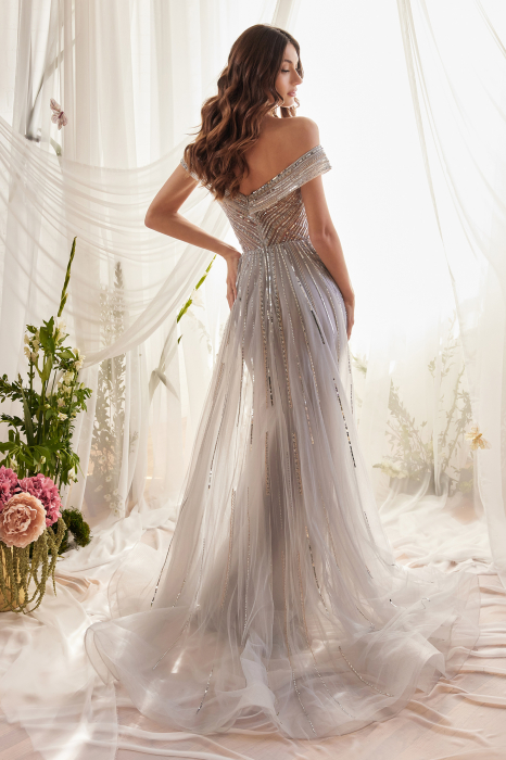 Rochie Andrea Leo Couture A1182 argintie lunga de seara mulata din tulle [2]