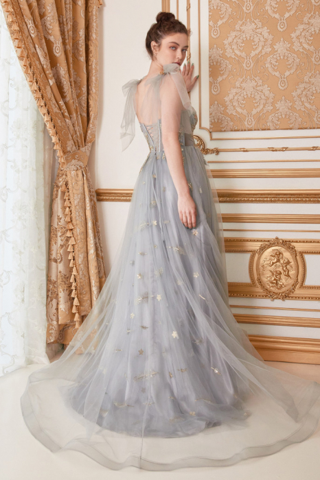 Rochie Andrea Leo Couture A0824 argintie lunga de seara in clos din tulle [3]