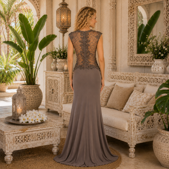 Rochie France Mode M7250 bej lunga de seara mulata din jerse [2]