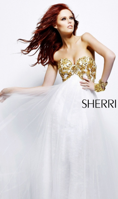 Rochie Sherri Hill 21090 crem midi de ocazie in clos din tulle [3]