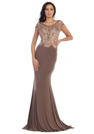 France Mode Marseille Collection - Rochie France Mode M7310 bej lunga de seara mulata din jerse