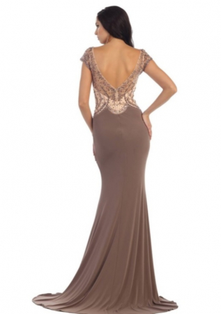 Rochie France Mode M7310 bej lunga de seara mulata din jerse [2]