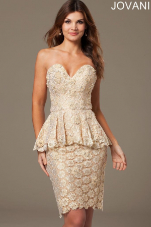 Rochie Jovani 94426 aurie scurta de ocazie mulata din dantela [2]
