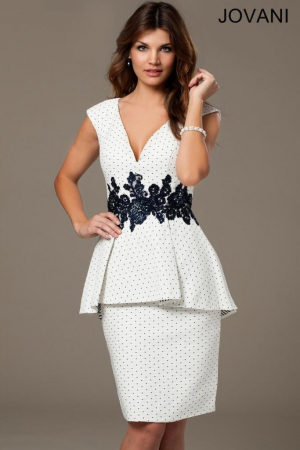 STOC IVORY-Livrare 24H - Rochie Jovani 98437 alba cu buline scurta de ocazie mulata din crepe