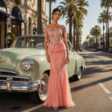 STOC IVORY-Livrare 24H - Rochie Andrea Leo Couture 7018 corai lunga de seara in clos din dantela