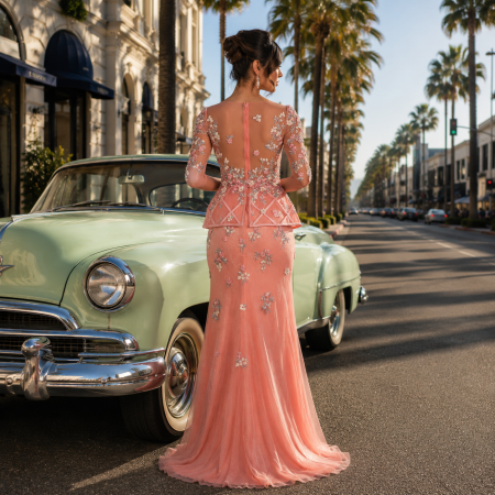 Rochie Andrea Leo Couture 7018 corai lunga de seara in clos din dantela [1]