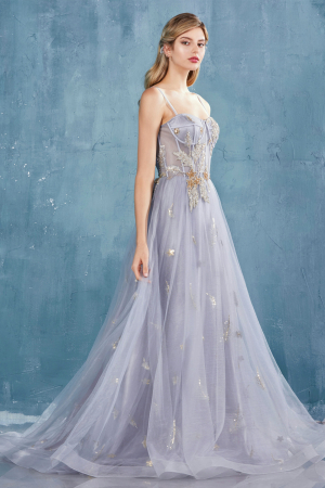 Rochie Andrea Leo Couture A0824 argintie lunga de seara in clos din tulle [6]