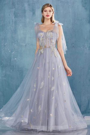 Rochie Andrea Leo Couture A0824 argintie lunga de seara in clos din tulle [5]