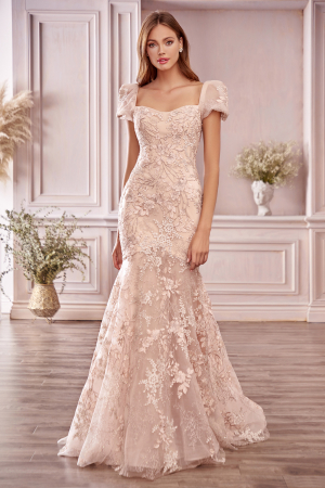 ROCHII DE SEARA - Rochie Andrea Leo Couture A1025 blush de seara tip sirena din tulle cu broderie