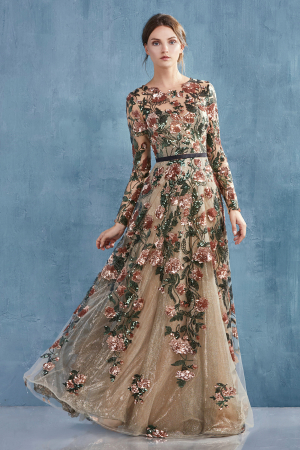 Andrea Leo Couture Los Angeles Collection - Rochie Andrea Leo Couture A0926 inflorata lunga de seara in clos din paiete
