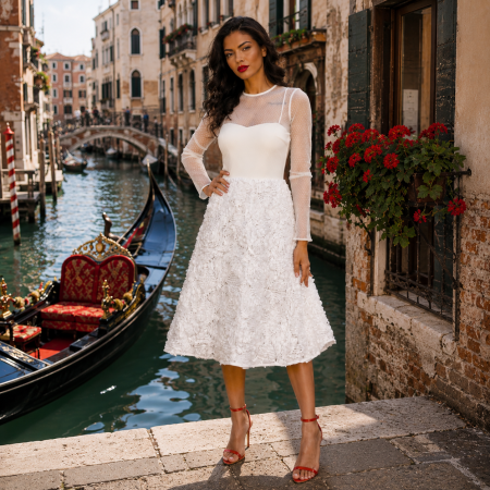STOC IVORY-Livrare 24H - Rochie Betty M Dunes alba midi de cocktail in clos din tulle
