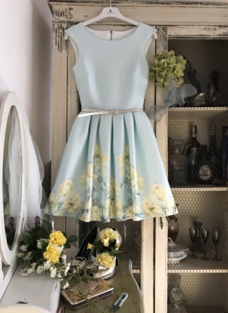 Rochie Betty M Evening Southern Sky Yellow bleu cu flori galbene scurta de vara baby doll din scuba [2]