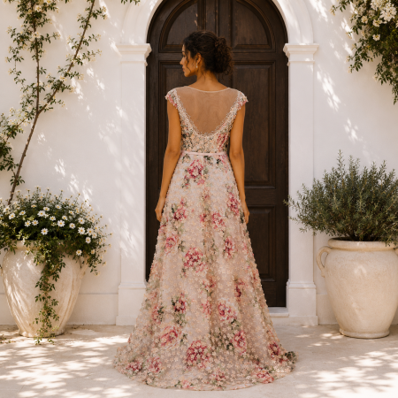 Rochie France Mode M7554 inflorata lunga de seara tip A-line din tulle [1]