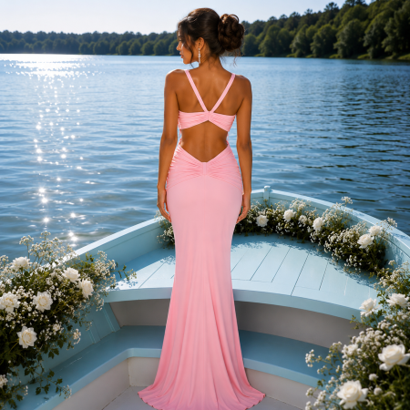 Rochie Jovani 85131 roz lunga de seara mulata din jerse [1]