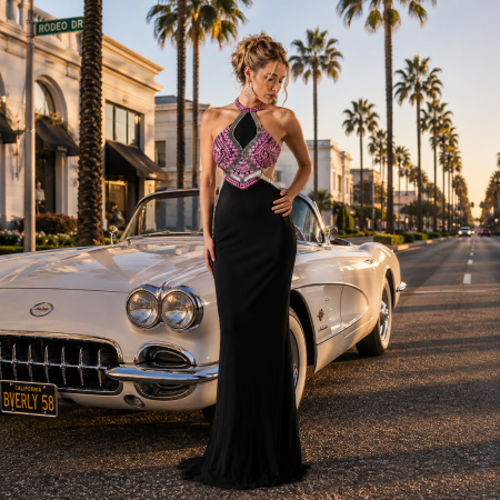 Ladivine Los Angeles Collection - Rochie Andrea Leo Couture 5012 neagra de seara mulata din jerse