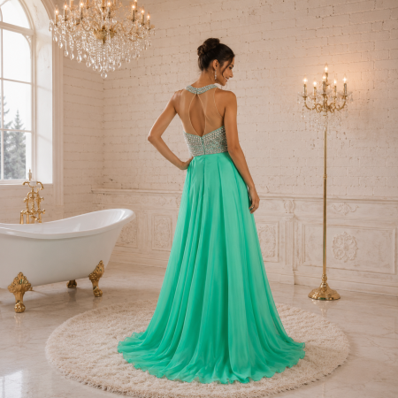 Rochie Ladivine 8107 verde de seara in clos din voal [1]
