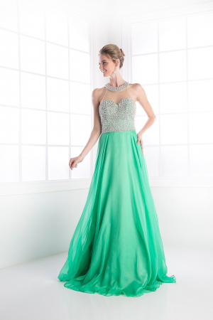 STOC IVORY-Livrare 24H - Rochie Ladivine 8107 verde de seara in clos din voal