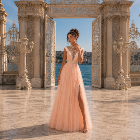 STOC IVORY-Livrare 24H - Rochie Tarik Ediz 50544 roz prafuit lunga de seara model A-line din tulle