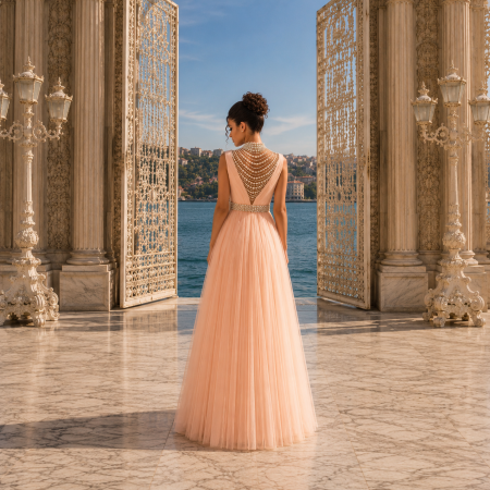 Rochie Tarik Ediz 50544 roz prafuit lunga de seara model A-line din tulle [1]
