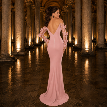 Rochie Tarik Ediz 92571 roz lunga de seara mulata din crepe [1]