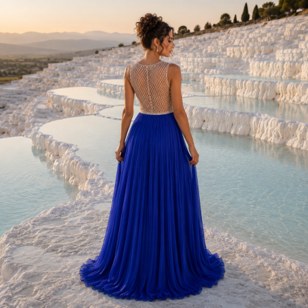 Rochie Tarik Ediz 92667 albastra lunga de seara in clos din voal [1]