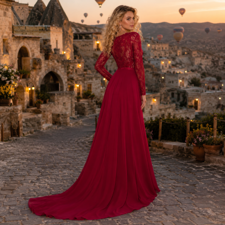 Rochie Tarik Ediz 92821 bordo lunga de seara mulata din crepe [1]