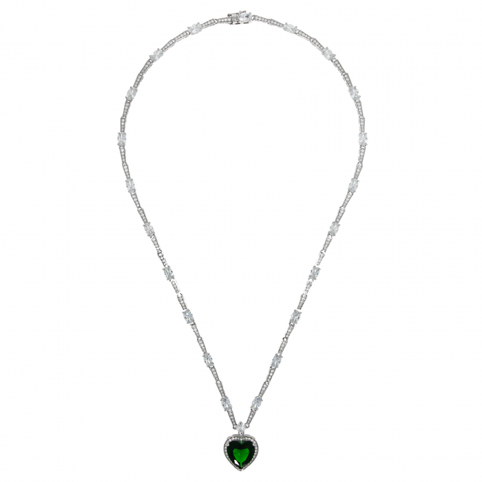 Colier argint rodiat cu zirconii și pandantiv inimă cu zirconiu verde-smarald [5]