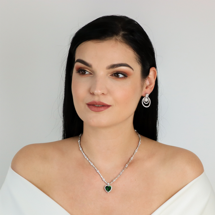 Colier argint rodiat cu zirconii și pandantiv inimă cu zirconiu verde-smarald [2]