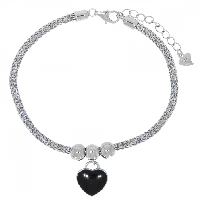 Brățară din argint cu talisman inimă cu email negru și biluțe [3]