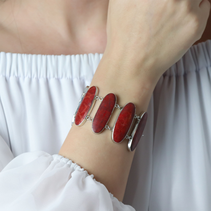 Brățară argint statement cu pietre naturale de coral [3]