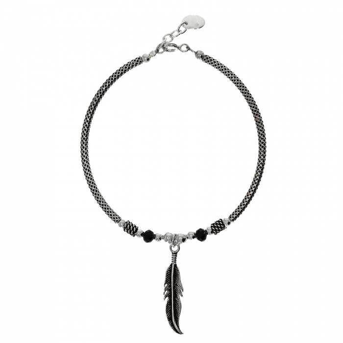 Brățară handmade argit antichizat cu agate negre și pană [3]