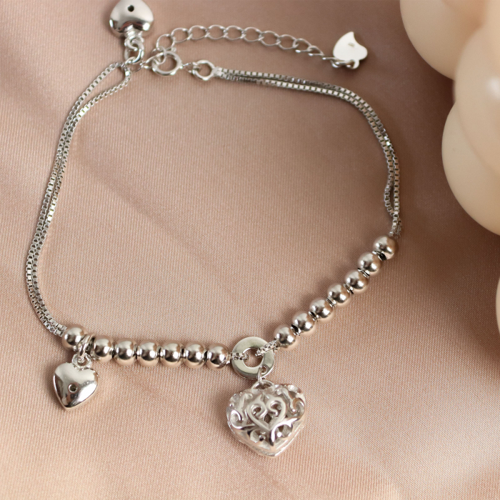 Brățară din argint rodiat cu talismane inimi și biluțe [3]