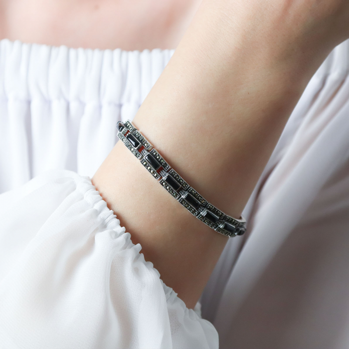 Brățară argint vintage elegantă cu marcasite și agate negre [2]