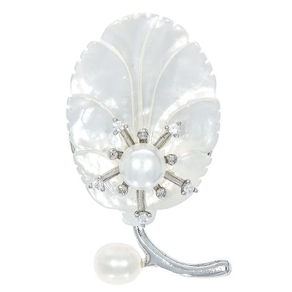 Brosa argint rodiat eleganta model floral cu sidef, perle si zirconii [1]