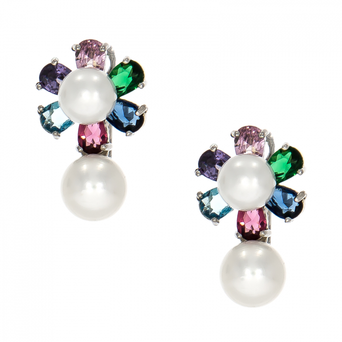 Cercei argint rodiat pe lob cu perle și zirconii colorate [2]