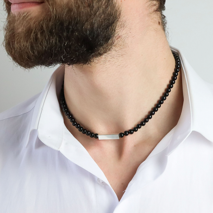 Lant argint unisex cu margele din onix si element din argint personalizabil [2]