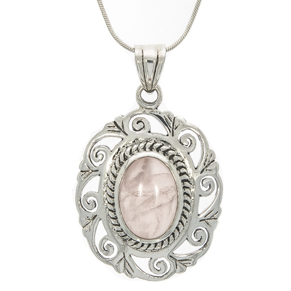 Pandantiv oval realizat manual din argint cu piatră de cuarț roz [3]