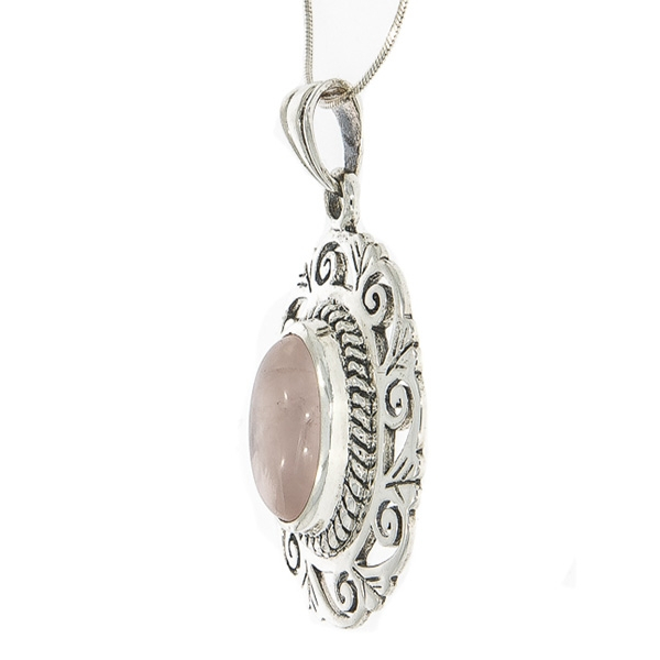 Pandantiv oval realizat manual din argint cu piatră de cuarț roz [4]