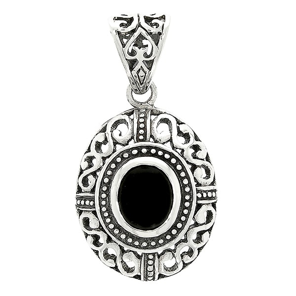 Pandantiv oval din argint cu motive florale și piatră de agat neagră [1]