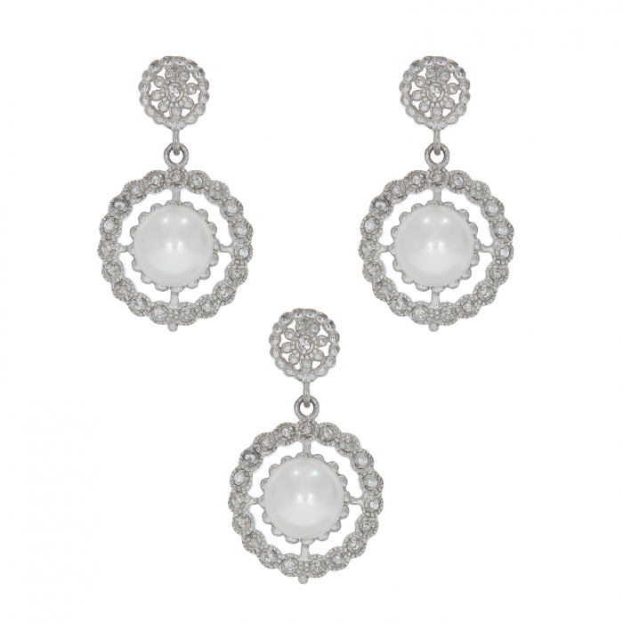 Set bijuterii argint cu cercei și pandantiv cu cristale de zirconiu și perle [1]