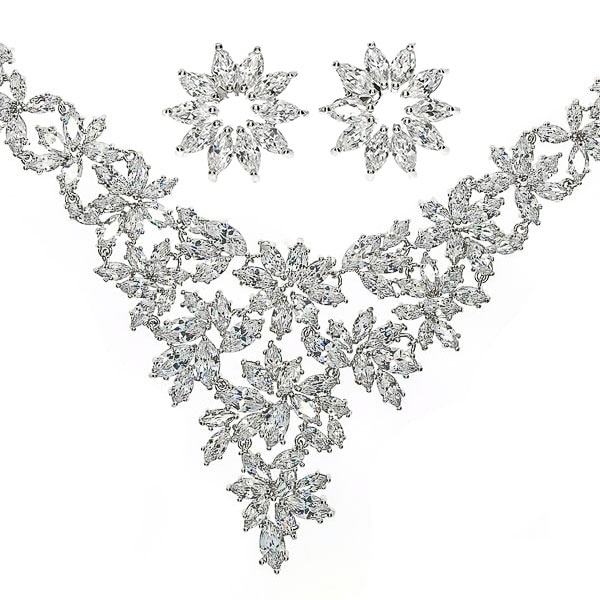 Set bijuterii pentru mireasă cu cercei și colier cu motive florale și cristale [2]