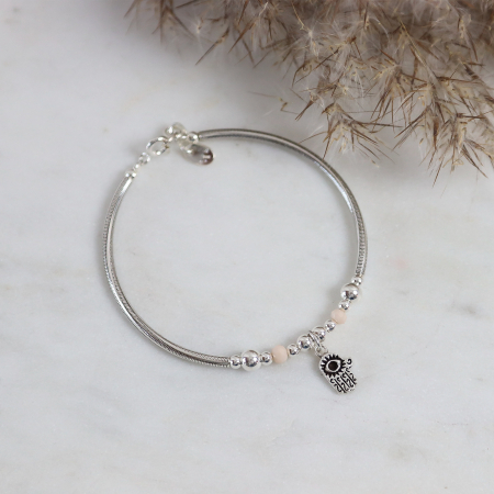 Bratara argint cu simbol Hamsa și margele din cuart rose [2]